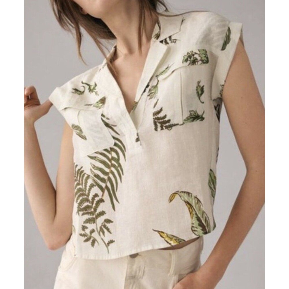 Anthropologie 100% Linen Top Women's Size Small Ivory Green Fern Botanical